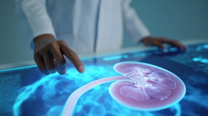 Medical Research: Doctor's hands interacting with a holographic kidney model. A groundbreaking approach to visualizing and exploring the human anatomy