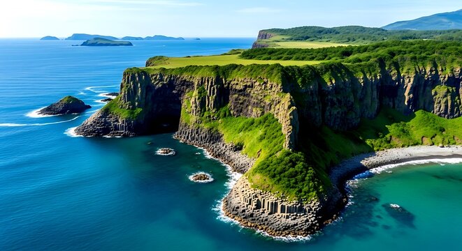 Lush green cliffs meet turquoise ocean waters with basalt columns and distant islands coast coastline