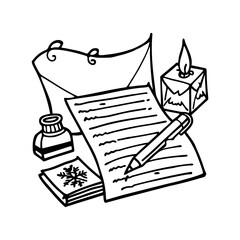 Vintage writing set with paper inkwell pen candle and decorated book isolated on white background isolated on transparent background