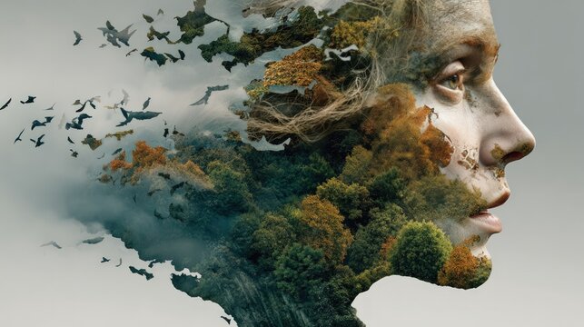 Profile of woman with forest landscape & birds blending into her features