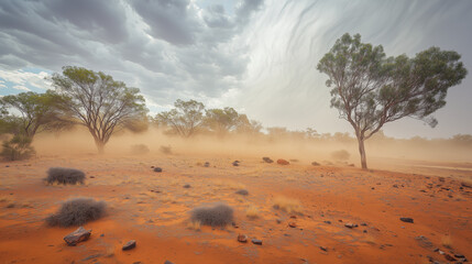 Fototapeta premium Desert Storm and Vegetation Landscape, Reflecting Natural Environment Deterioration