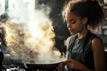 Young african female chef cooking in kitchen with steam