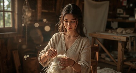 Woman in a rustic workshop carefully working with raw fiber material in soft natural light setting