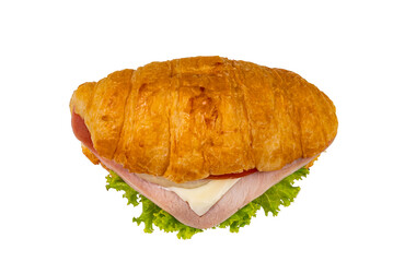 Top view of delicious croissant ham cheese with green lettuce, slice tomato and onion isolated on white background with clipping path.