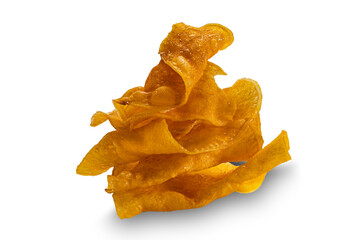 Pile of homemade sweet crispy potato chips isolated on white background with clipping path.
