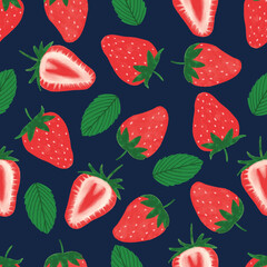 Strawberry seamless pattern with dark blue background vector design