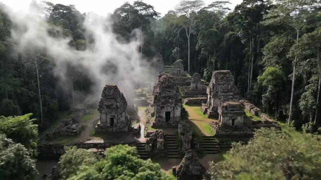 Aerial view of the ancient maya ruins of tikal in guatemala, showcasing the temples and jungle landscape with fog and mist adding to the mysterious atmosphere