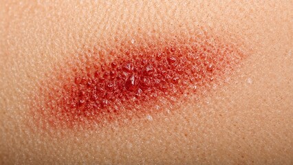 Closeup of fresh abrasion wound on human skin with redness and small water droplets indicating minor injury and healing process