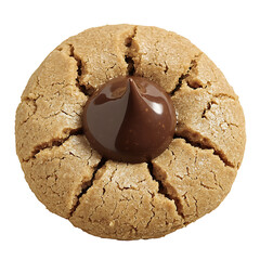 Close-up of a peanut butter cookie with a chocolate kiss in the center