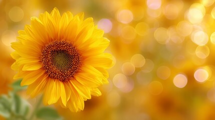 Fototapeta premium Bright yellow sunflower blooming in a sunny field with a soft bokeh background creating a warm ambiance