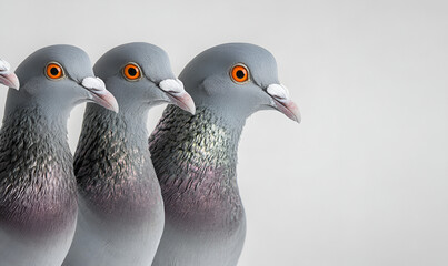 Three pigeons stand in a row, their grey feathers and orange eyes are prominent against a clean, bright background.