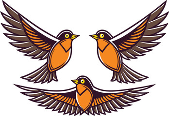 Obraz premium Three American robin vector illustration with open wings in flight formation