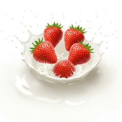 Fresh Strawberries Splashing into Milk on White Background