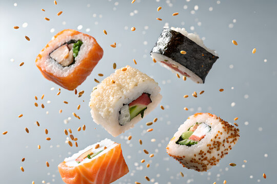 Assorted fresh sushi rolls with sesame seeds floating against a light background