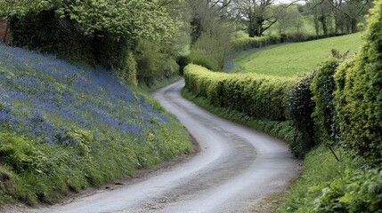 Serene Country Lane with Bluebell Flowers and Lush Greenery