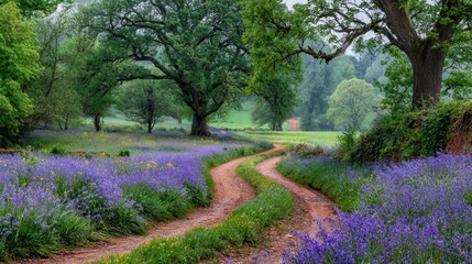 Obraz premium Serene Pathway Through Lavender Fields and Lush Green Trees