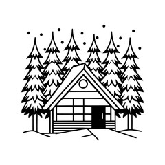 Fototapeta premium Rustic log cabin nestled among snowy pine trees in a winter landscape isolated on white background isolated on transparent background