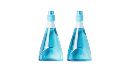 Two blue liquid bottles on transparent background