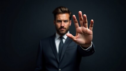 Businessman Making Stop Gesture Rejection and Boundary Concept in Workplace