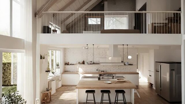 Modern open plan kitchen and living room with mezzanine
