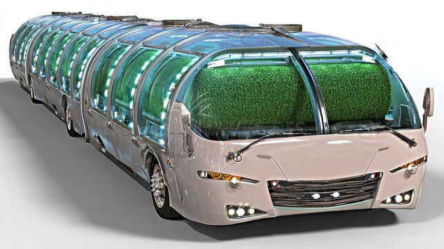 Innovative solar bus design urban transport concept art transparent roof panels futuristic environment 3d visualization