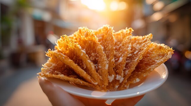Delicious crispy snacks served on a plate, perfect for sharing and enjoying during sunset in a lively street setting.