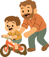 A young boy learns to ride a bike with help from his dad on a suburban path.