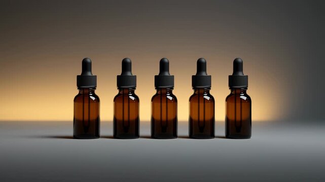 Five amber dropper bottles standing in a row on white background