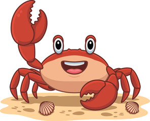 Fototapeta premium Happy cartoon crab waving one claw on a sandy beach with seashells