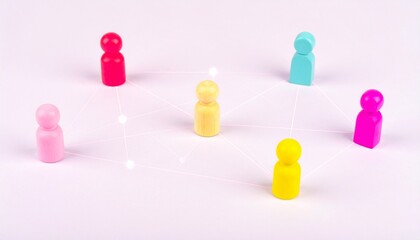 Five colorful game pieces in circular network on white background, connected by white lines and dots, symbolizing teamwork and collaboration.