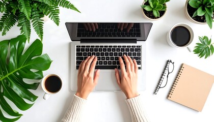 Overhead view of hands typing on laptop, surrounded by plants, coffee, and stationery