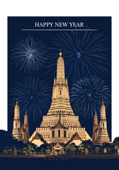 Artistic Wat Arun Temple with Fireworks Celebrates Happy New Year