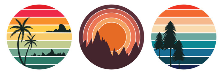 Mountain lake retro vintage sunset 80s beach aesthetic warm toned badge design. River sunset mountain adventure t-shirt concept. Abstract ocean view background inside circles shapes grunge collection 