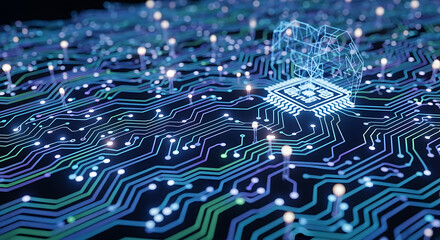 Illuminated circuit board with a central microchip and glowing nodes in a dark setting