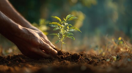 Fototapeta premium Planting Hope: Hands gently cradle a seedling, symbolizing new beginnings, growth, and the nurturing of life. The verdant sprout emerges from fertile earth, inviting a sense of peace and promise.