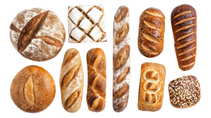 Assorted artisan breads on transparent background