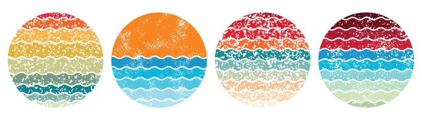 Sun 80s in retro style. Sunset retro badge and emblem set. Retro sunset grunge collection. Abstract ocean view background inside circles shapes. Perfect for sticker, logo, icon, t-shirt or any purpose