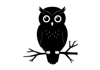 A black silhouette of an owl perched on a branch against a stark white background image art