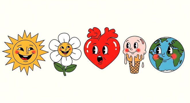 Retro cartoon sun flower heart ice cream and earth characters smiling happy