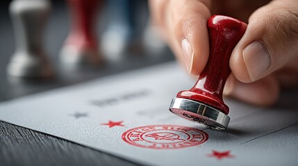 Hand holding stamp applies a red seal to a document on a dark surface