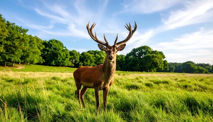 Majestic Red Deer Standing Proudly in a Lush Green Meadow on a Sunny Day