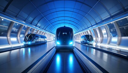 Futuristic Train in Tunnel:  A state-of-the-art futuristic train glides through a sleek, modern tunnel bathed in cool, ambient light, symbolizing speed and innovation.