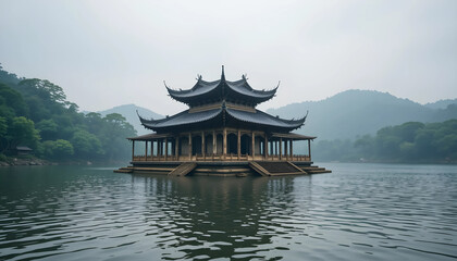 Tranquil Pavilion Floating on Lake