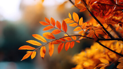 Close-up of bright orange falling leaves on a branch surrounded by soft golden bokeh. Natural fall background, botanical and autumn theme