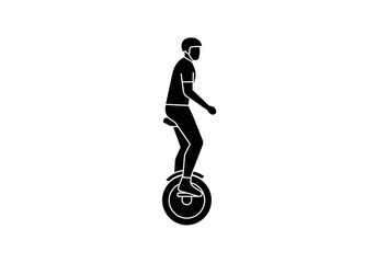 Silhouette of a person riding a self balancing electric unicycle with a helmet on white background