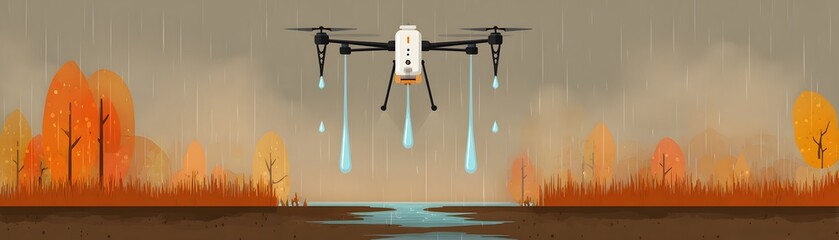 A drone hovers over a wetland, releasing droplets, surrounded by autumn foliage in a serene, misty landscape.