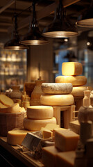 Large chunks of cheese sit on display at a supermarket or farmers market