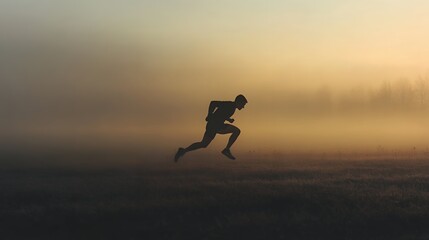 silhouette of a man running on the beach at sunset, an Athlete doing an explosive jump and warmup in foggy early morning.