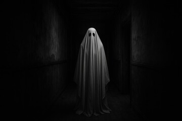 Eerie ghost haunting dark hallway.
