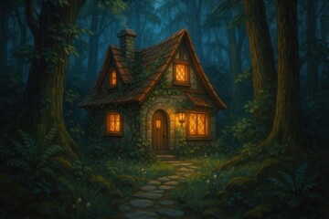 Enchanted forest cottage glowing.